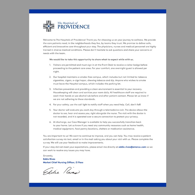 The Hospitals of Providence Inpatient Welcome Letter