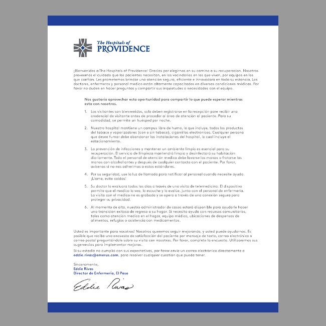 The Hospitals of Providence Inpatient Welcome Letter, Spanish