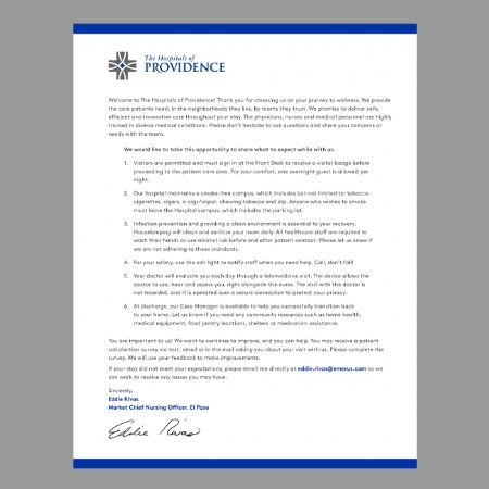 The Hospitals of Providence Inpatient Welcome Letter